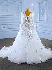 White See Through Tulle V-neck Long Sleeve Appliques Wedding Dress