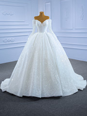 White Sequins Beading Long Sleeve Wedding Dress