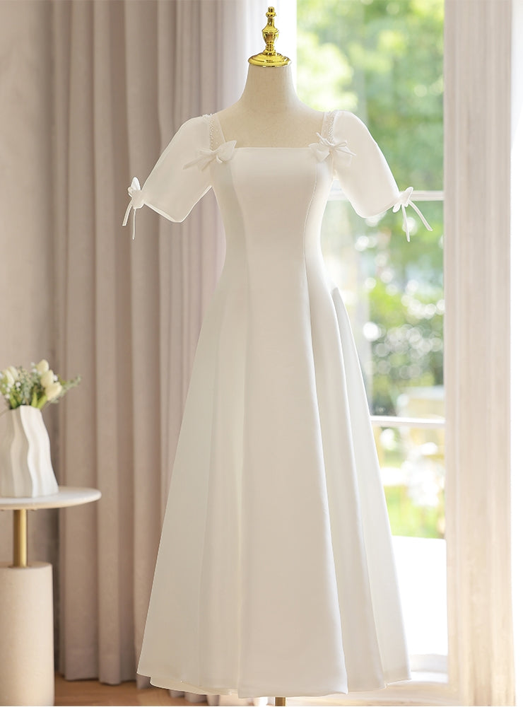 White Square Short Sleeve Bow Wedding Dress