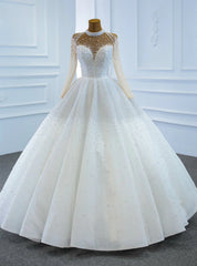 White Tulle High Neck Long Sleeve Pearls Wedding Dress