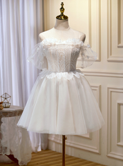 White Tulle Lace Beading Homecoming Dress