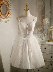 White Tulle Lace Spaghetti Straps Homecoming Dress