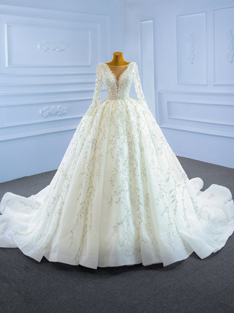 White Tulle Long Sleeve Beading Sequins Wedding Dress