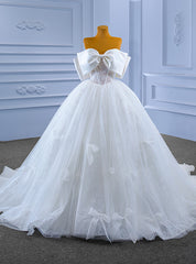 White Tulle Off the Shoulder Bow Wedding Dress