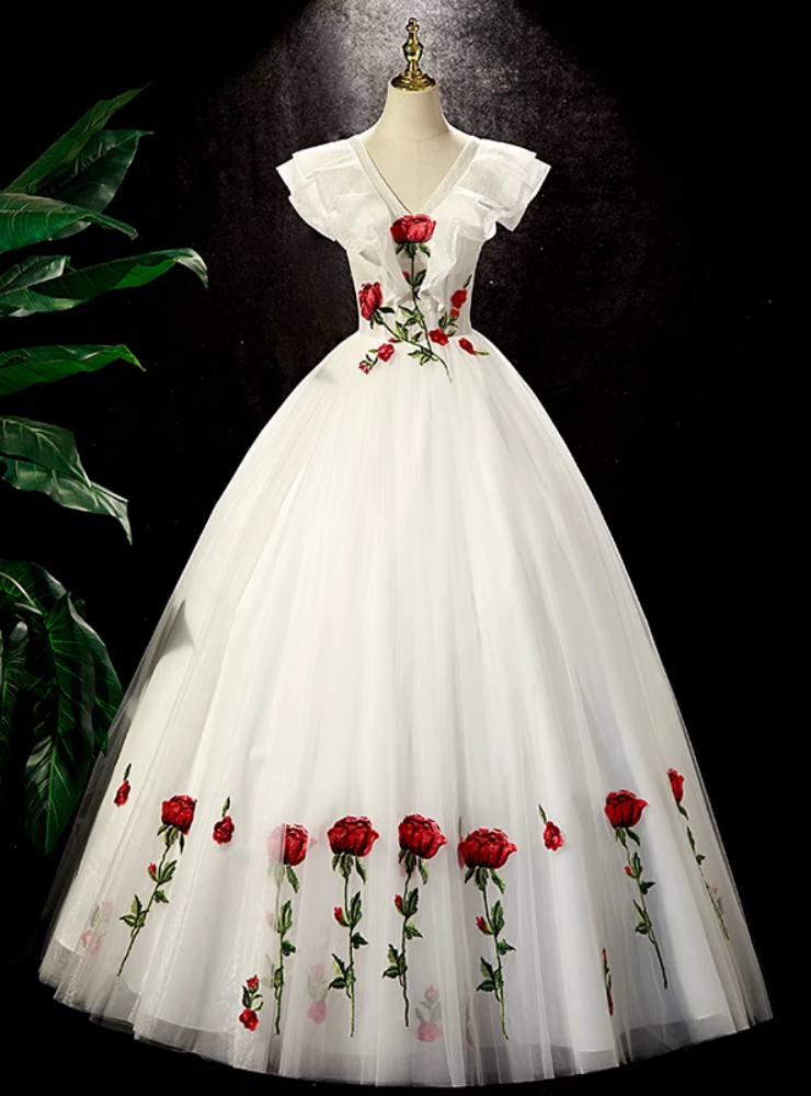 White Tulle Rose Flower Quinceanera Dress