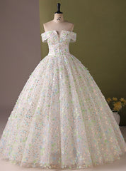 White Tulle Sequins Flower Quinceanera Dress