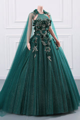 Women's Beaded Applique Tulle Emerald Green Prom Ball Gowns Quinceanera Dress A-Line Wedding Bridesmaid Eveniing Dresses