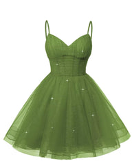 Women's V Neck Tulle Spaghetti Straps Olive Green Homecoming Dresses with Corset Back Short Prom Gowns for Teens