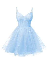 Women's V Neck Tulle Spaghetti Straps Sky Blue Homecoming Dresses with Corset Back Short Prom Gowns for Teens