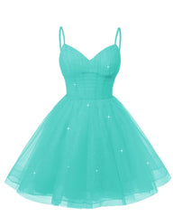 Women's V Neck Tulle Spaghetti Straps Turquoise Homecoming Dresses with Corset Back Short Prom Gowns for Teens