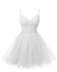 Women's V Neck Tulle Spaghetti Straps White Homecoming Dresses with Corset Back Short Prom Gowns for Teens