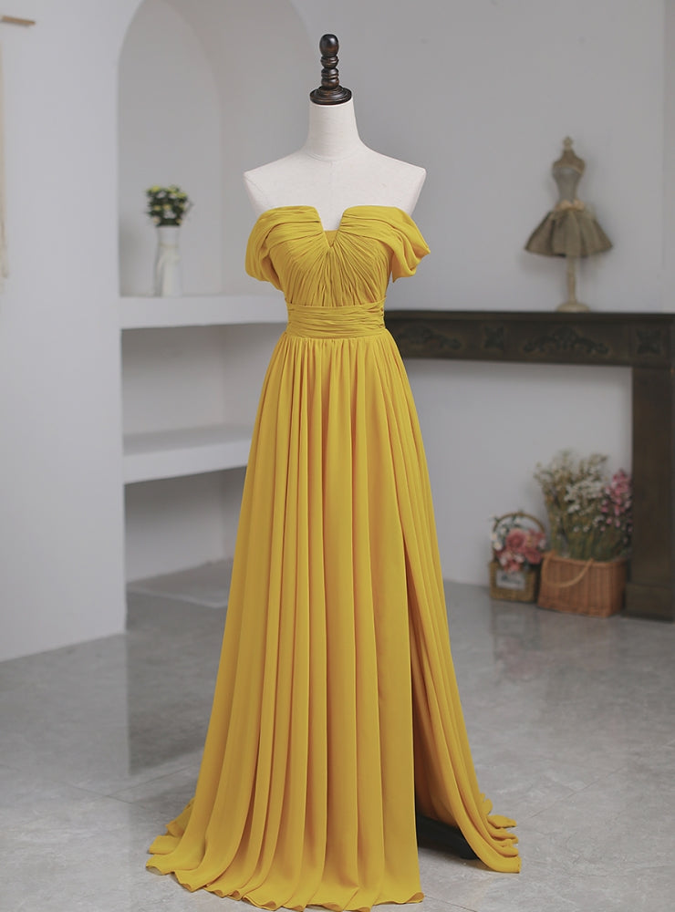 Yellow Chiffon Off the Sholuder Pleats Prom Dress