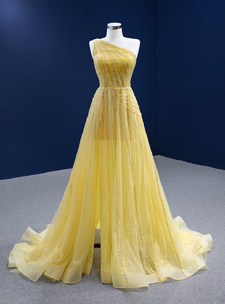 Yellow Tulle One Shoulder Pleats Beading Prom Dress