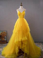 Yellow Tulle Spaghetti Straps Pleats Beading Prom Dress