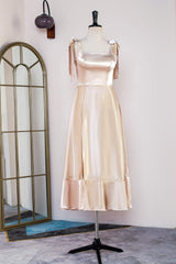 Champagne Bow Tie Straps A-line Satin Tea-Length Bridesmaid Dress