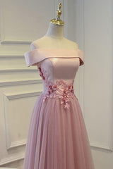 Pink A Line Off Shoulder Floor Length Prom Dress, Lace Evening Dress