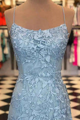 Blue Spaghetti Straps Backless Appliques Prom Dress