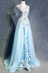 Modest Square Neckline Beading Appliques Sky Blue Long Prom Dresses Pageant Gown