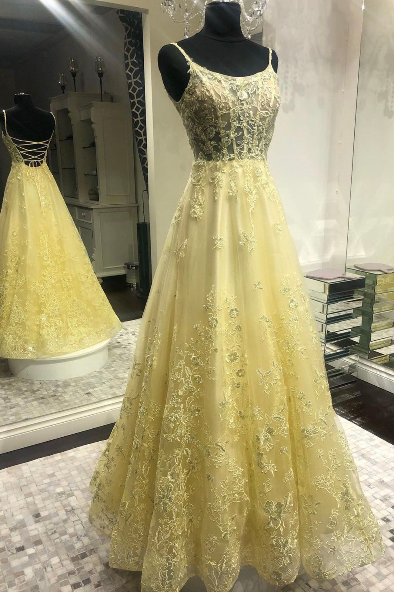 Yellow Lace Long Prom Dresses, Yellow Spaghetti Straps Graduation Dresses