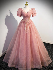 Pink Tulle Floor Length Prom Dress with Short Sleeve, Beautiful A-Line Evening Dress