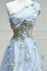 Blue Tulle Appliques Long Prom Dresses, A-Line Strapless Evening Dresses