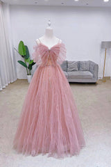 Pink Tulle Sequins Long Prom Dress, Cute A-Line Evening Dress