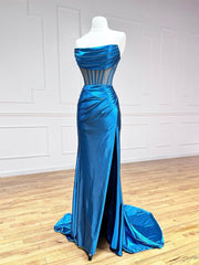 Blue Strapless Pleated Long Prom Dress, Blue Satin Party Dress