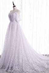 Lovely V-Neck Floral Tulle Long Prom Dress, Lavender A Line Evening Party Dress