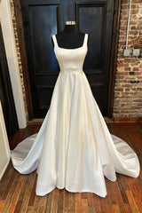 White Satin Long Prom Dresses, A-Line Evening Dresses