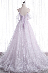 Lovely V-Neck Floral Tulle Long Prom Dress, Lavender A Line Evening Party Dress