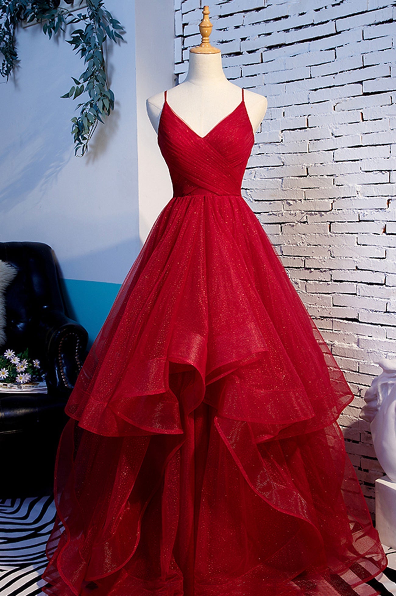 Red V-Neck Tulle Long Prom Dress, A-Line Evening Dress