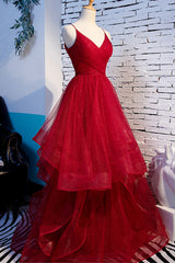 Red V-Neck Tulle Long Prom Dress, A-Line Evening Dress