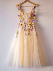 Champagne Corset Floral Tulle Party Dress, Cute A-Line Homecoming Dress