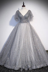 Grey V-Neck Tulle Long Prom Dresses, A-Line Evening Dresses