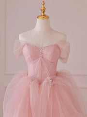 Pink Tulle Lace Long Prom Dress, Off the Shoulder Evening Dress