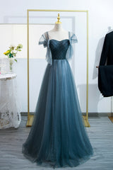 Blue Tulle Long A-Line Prom Dress, Lovely Blue Evening Party Dress