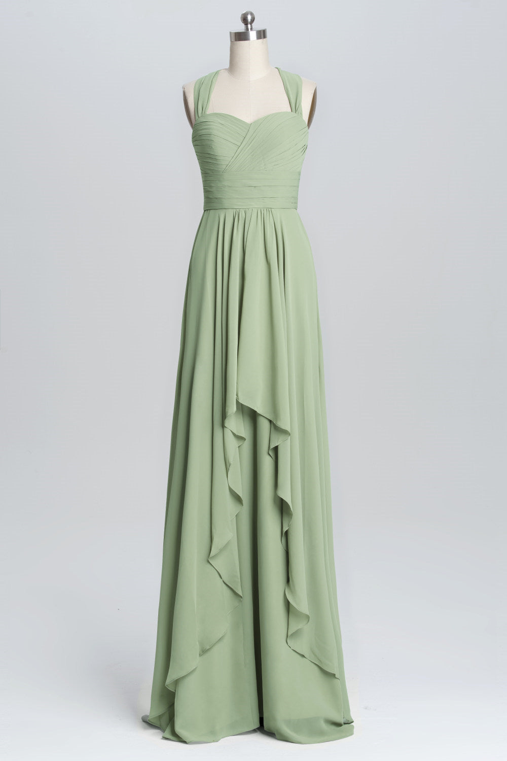 Halter Sage Pleated Ruffles Long Bridesmaid Dress