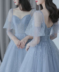 Blue V Neck Tulle Sequin Long Prom Dress, Blue Tulle Formal Dress, 1