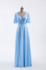 Flutter Sleeves Blue Chiffon A-line Long Bridesmaid Dress