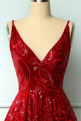 Burgundy Lace V-Neck Short Prom Dress, A-Line Irregular Hem Party Dress