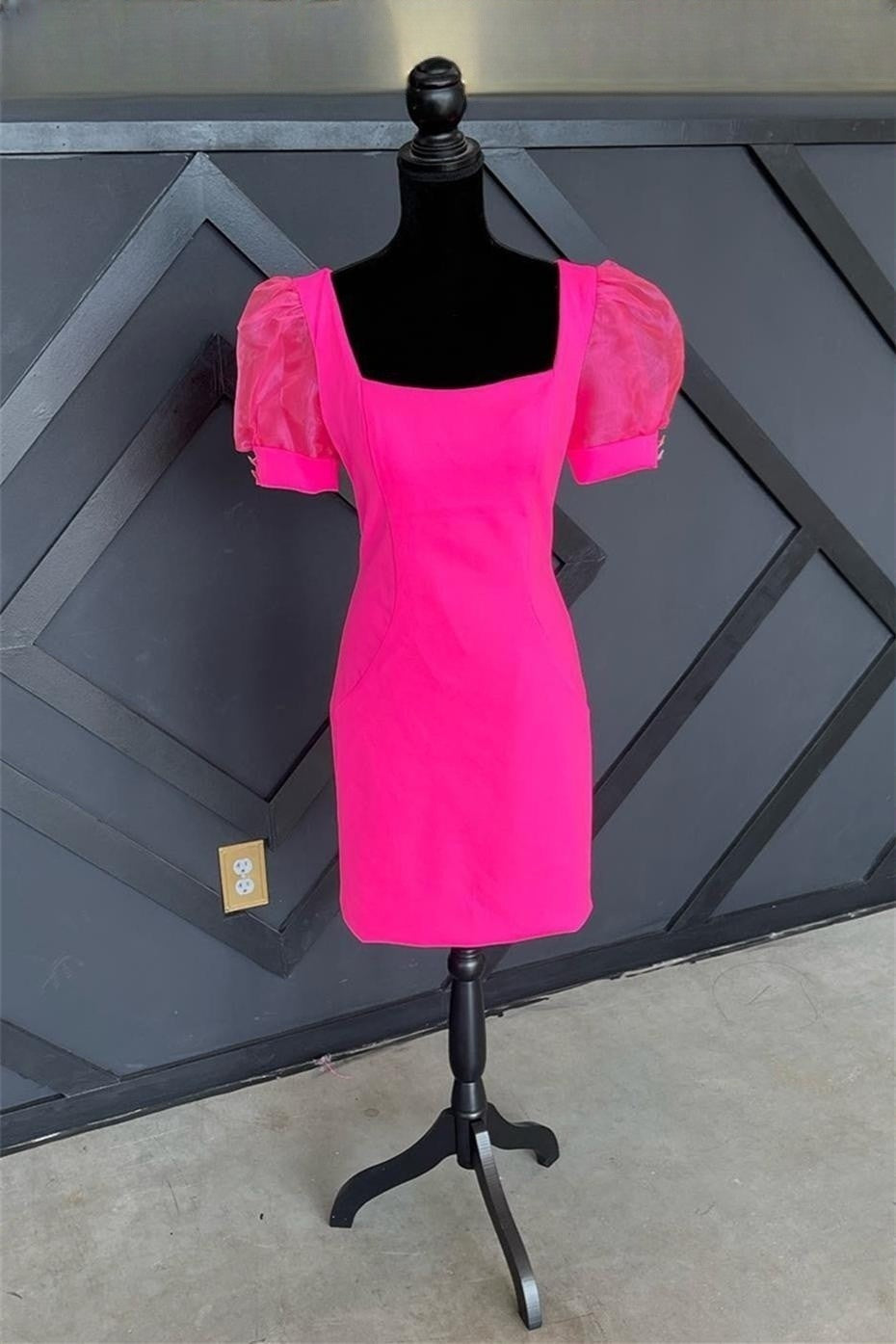 Fuchsia Puff Sleeves Square Neck Sheath Homecoming Dress