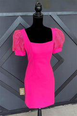 Fuchsia Puff Sleeves Square Neck Sheath Homecoming Dress