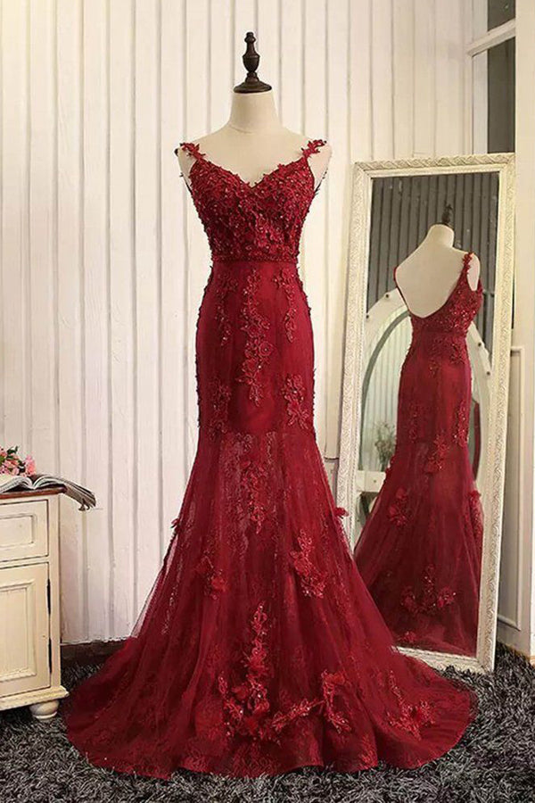 Burgundy Trumpet Sweep Train V Neck Mid Back Appliques Beading Long Prom Dresses