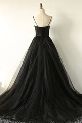 Black A-Line Spaghetti Strap Long Prom Dresses, Black Evening Dresses