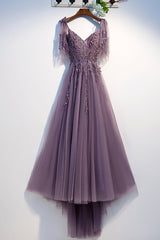 Purple Tulle Lace Long Prom Dresses, A-Line Evening Party Dresses