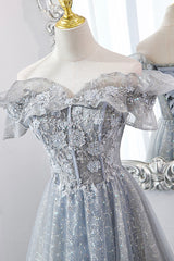 Gray Tulle Lace Long Prom Dresses, A-Line Sequins Evening Dresses