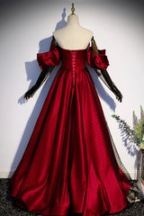 Burgundy Satin Tulle Long Prom Dress, A-Line Sweetheart Neck Evening Dress