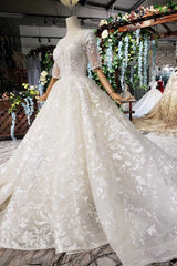 Luxury Lace Wedding Dresses Scoop Half Sleeves Appliques Ball Gown