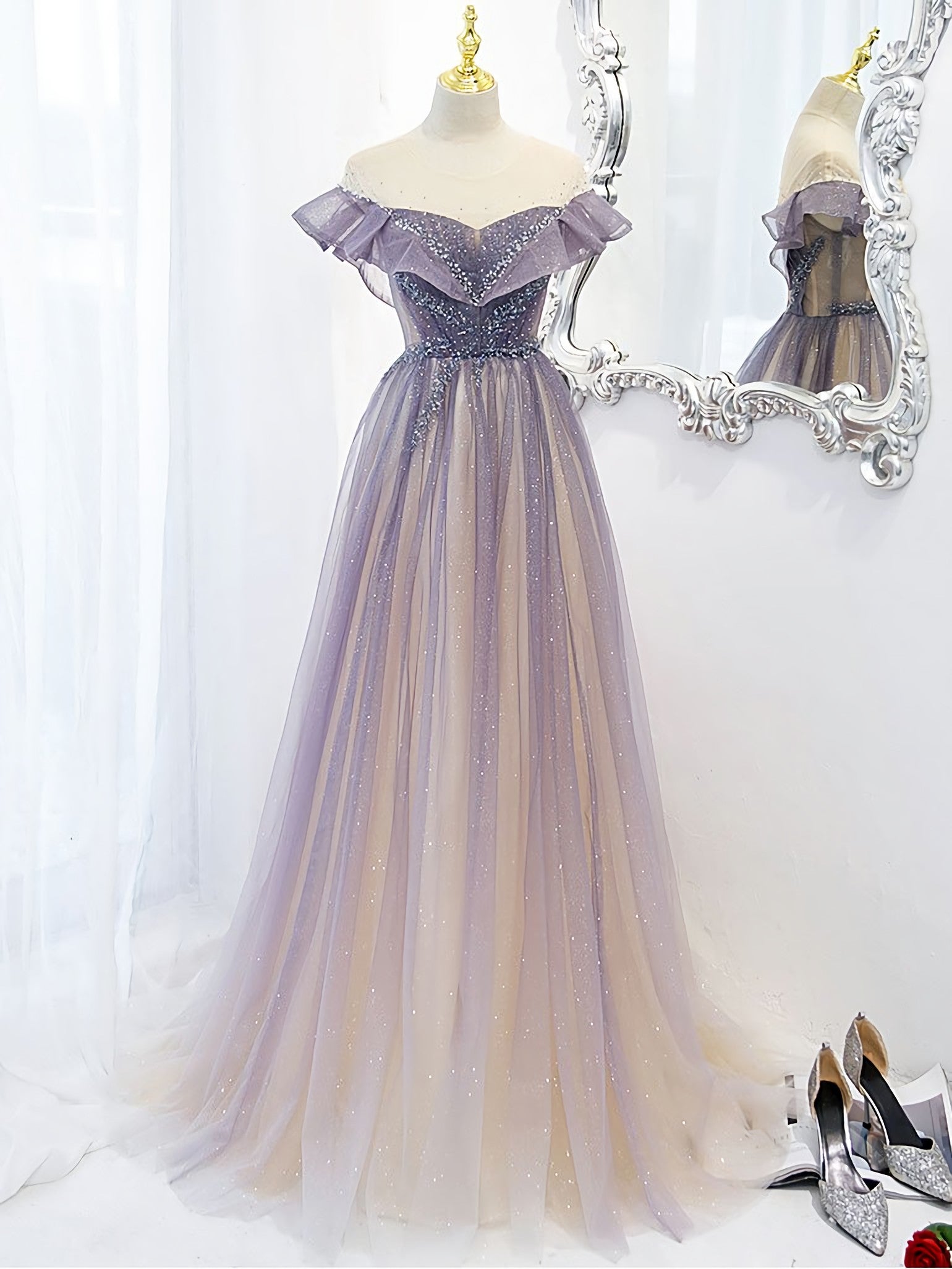 Purple Off Shoulder Tulle Sequin Long Prom Dress, Purple Evening Dress