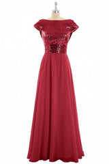 Burgundy Sequin Cap Sleeve Backless A-Line Bridesmaid Dress